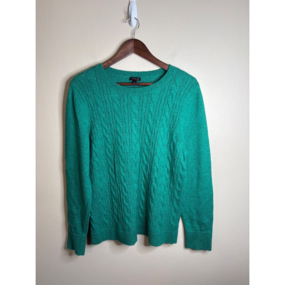 Talbots Cable Knit Sweater Womens XL Green Excellent Button Cuff Cotton Blend